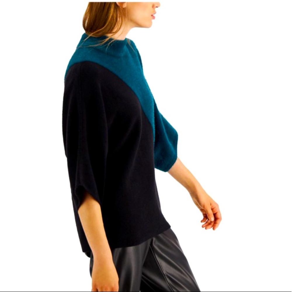ALFANI Womens Teal Black Mock Neck Kimono Sleeve Sweater Small Soft Oversized - Picture 3 of 9